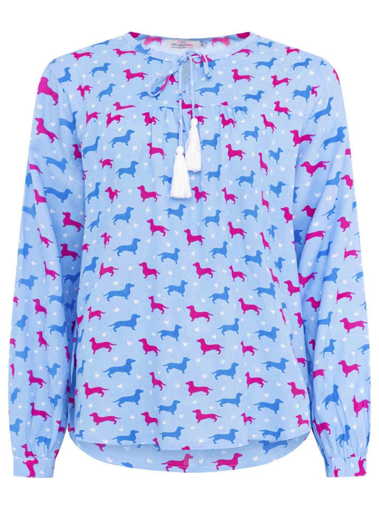 💕 Zwillingsherz Bluse "Dackel 2-farbig" 100 % Viskose Hellblau
