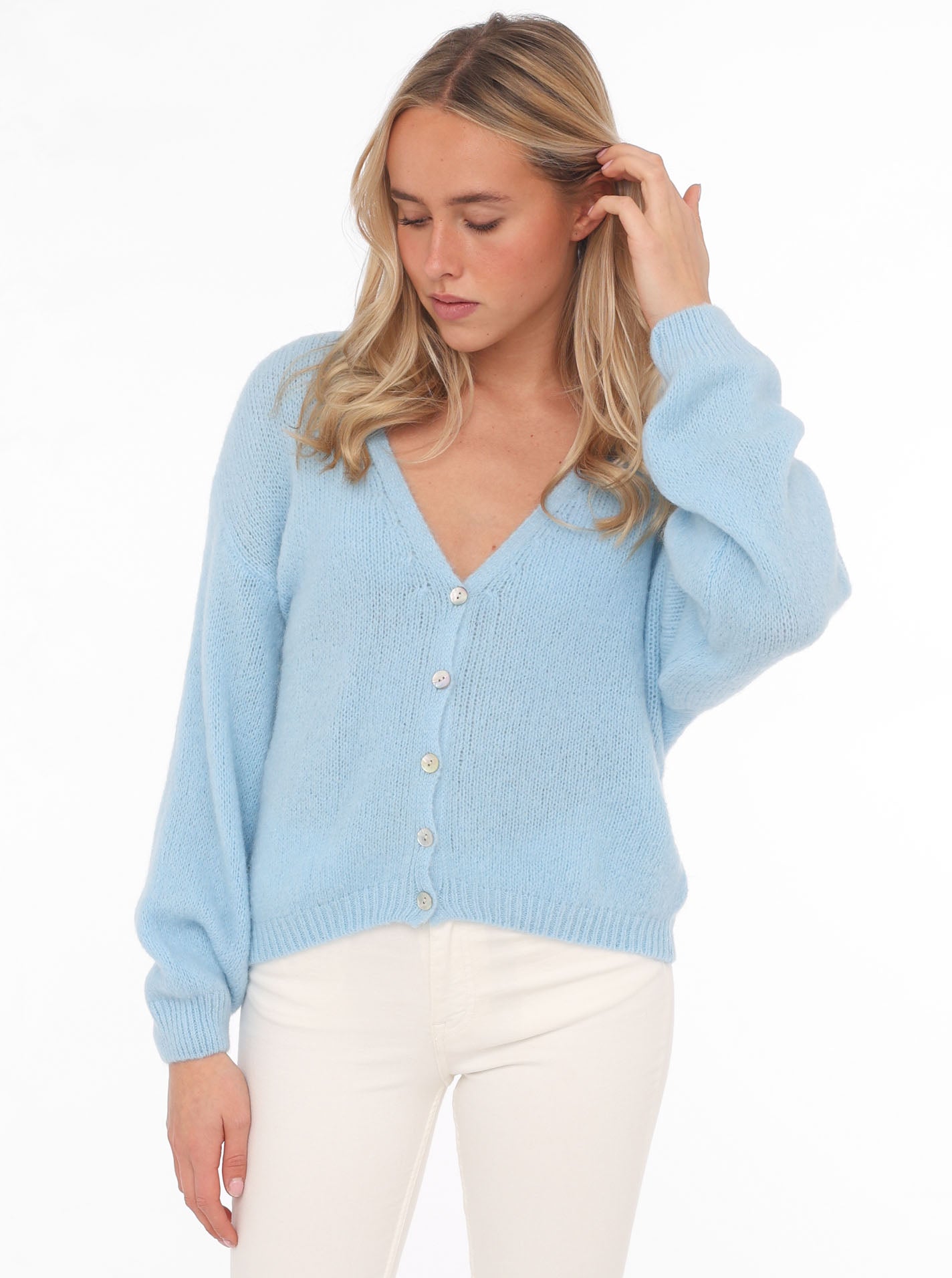 💕 Zwillingsherz Strickjacke kurz "Uni" Wolle Hellblau