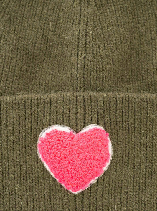 💕 Zwillingsherz Mütze Umschlagmütze "Flausch-Herz" Wolle gerippt Khaki