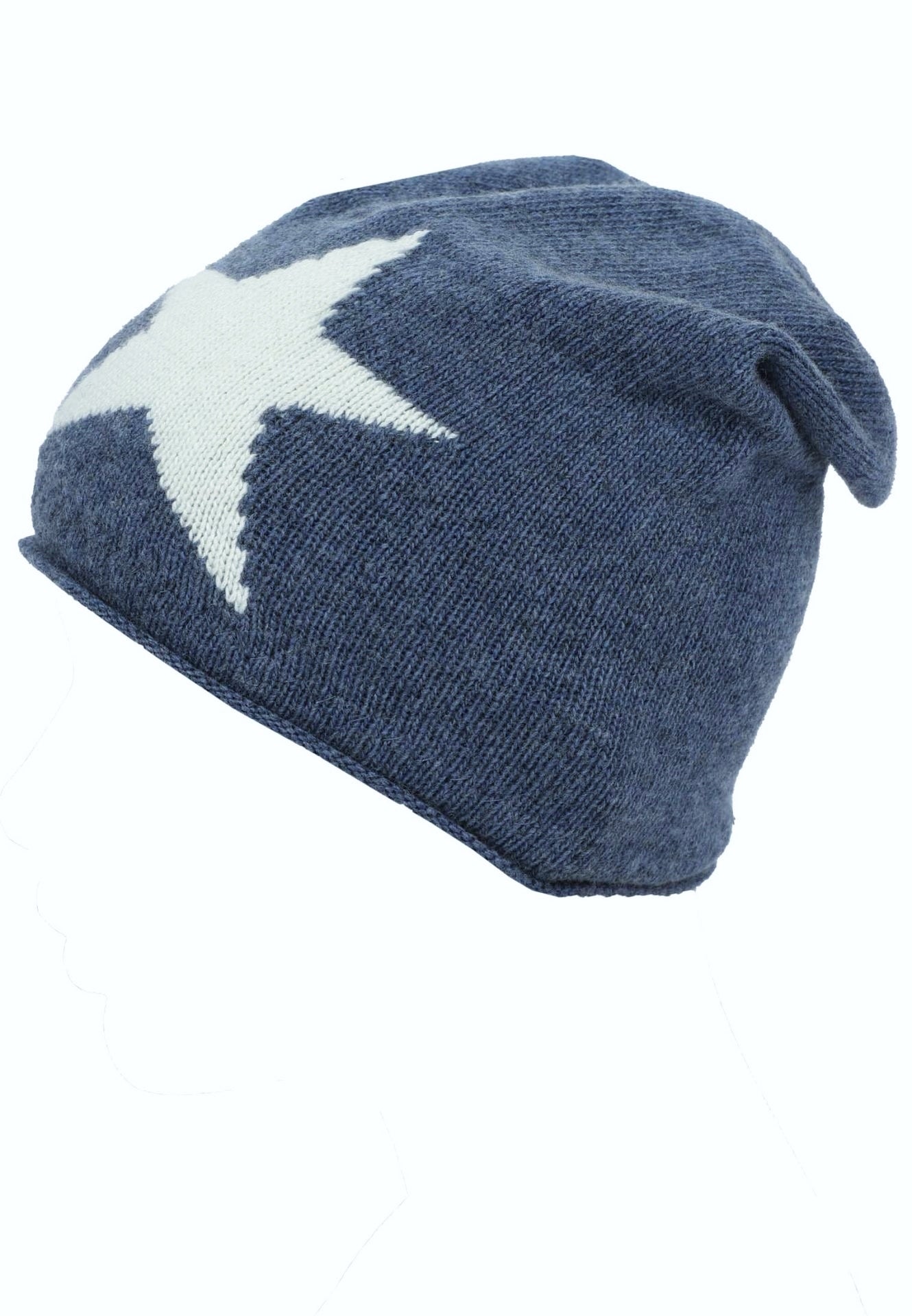 💕 Zwillingsherz Mütze "Sternlein" Beanie Kaschmir Wolle Viskose Fleece Jeansblau