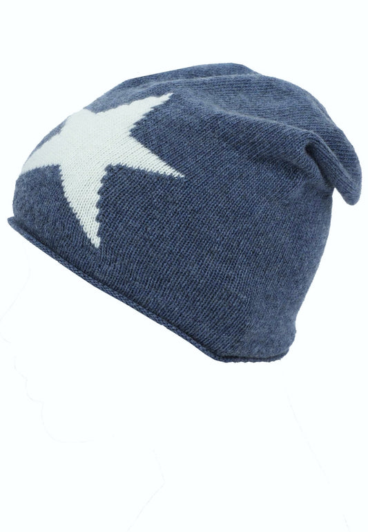 💕 Zwillingsherz Mütze "Sternlein" Beanie Kaschmir Wolle Viskose Fleece Jeansblau