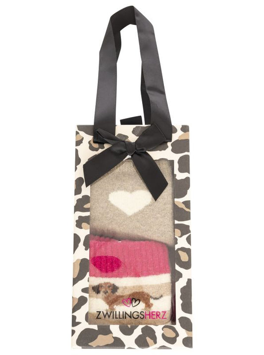 💕 Zwillingsherz "Geschenkbox Set Dackel" 2 Paar Socken Beige