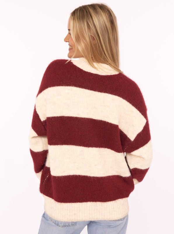 💕 Zwillingsherz Kuschel Pullover "Blockstreifen" Bordeaux Beige
