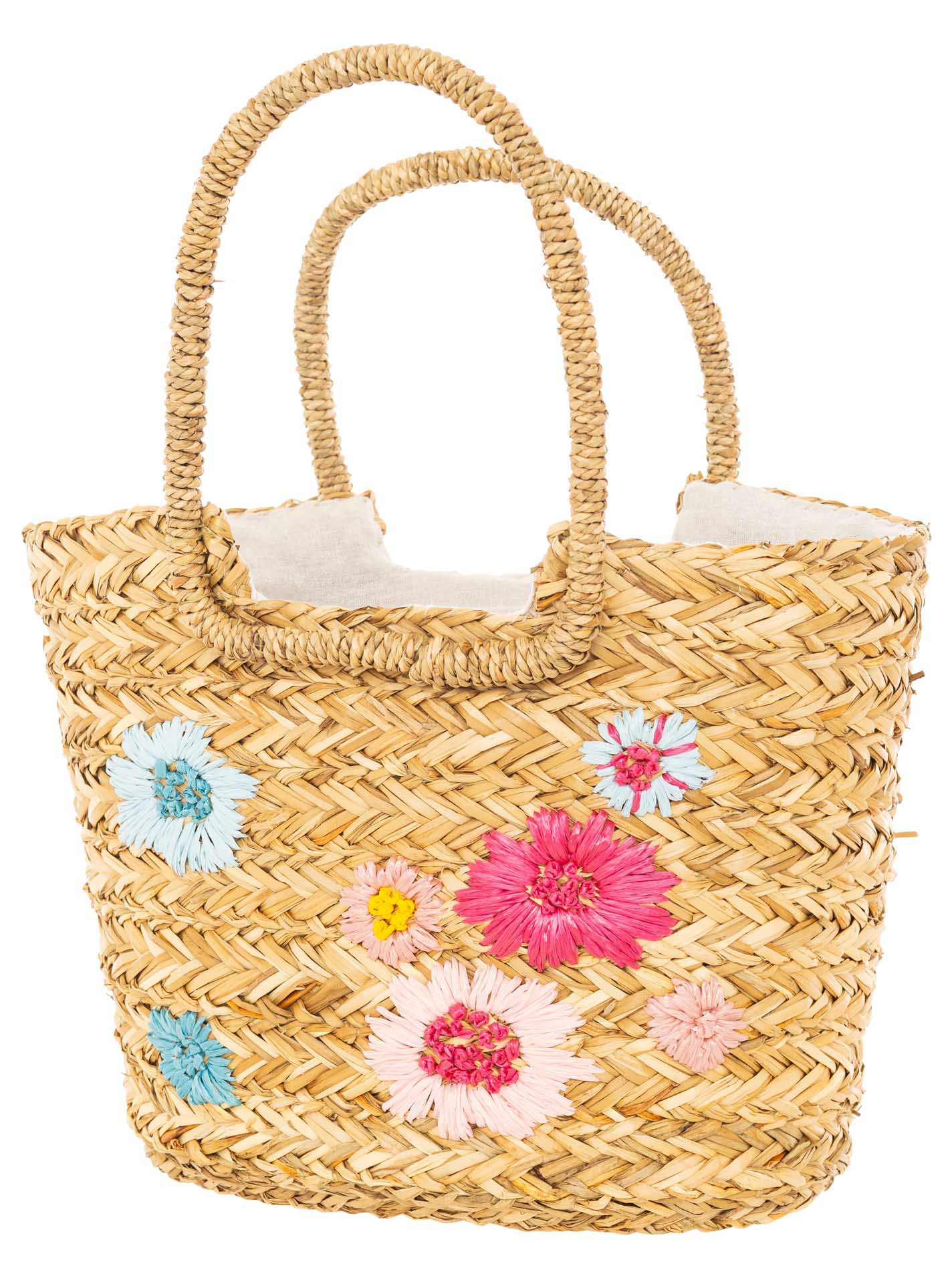 💕 Zwillingsherz Korbtasche XXL Stroh "Flowers" Geflochten Rosa