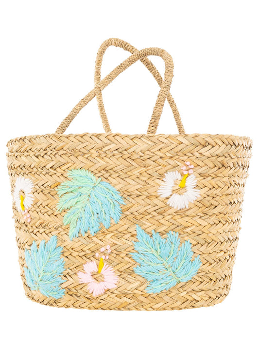 💕 Zwillingsherz Korbtasche XXL Stroh "Flowers" Geflochten Blau