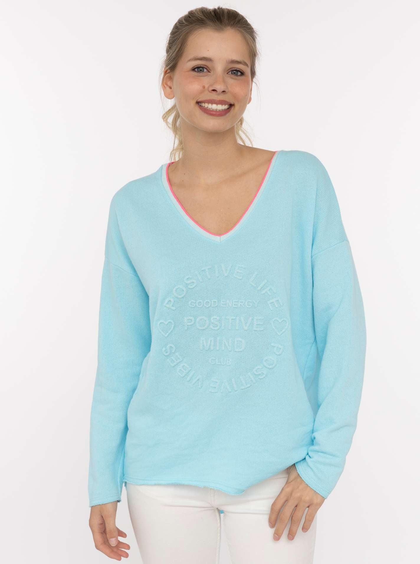 💕 Zwillingsherz Pullover Sweater Neonkante "Positive Mind" Baumwolle Türkis