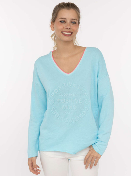 💕 Zwillingsherz Pullover Sweater Neonkante "Positive Mind" Baumwolle Türkis