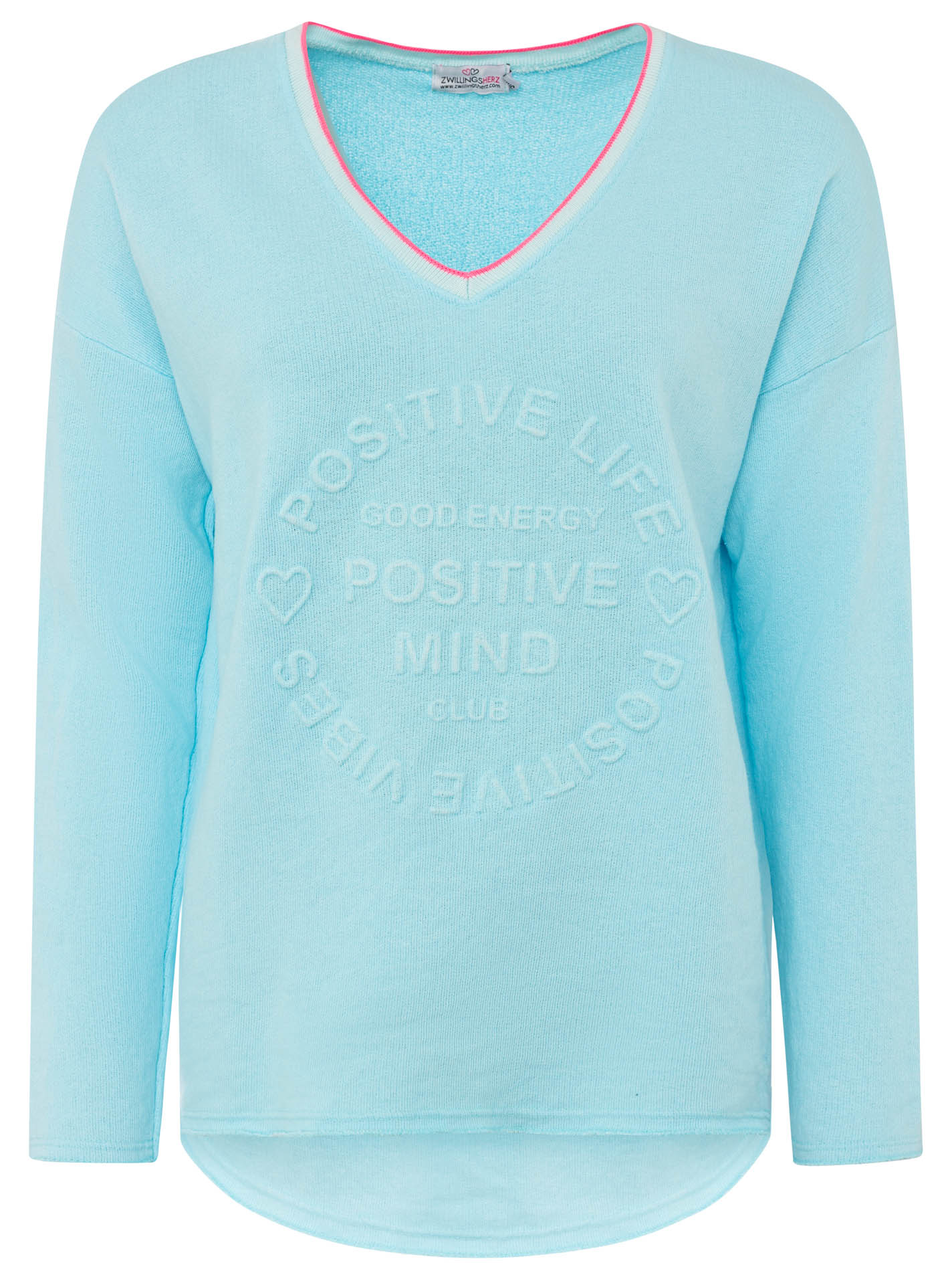 💕 Zwillingsherz Pullover Sweater Neonkante "Positive Mind" Baumwolle Türkis