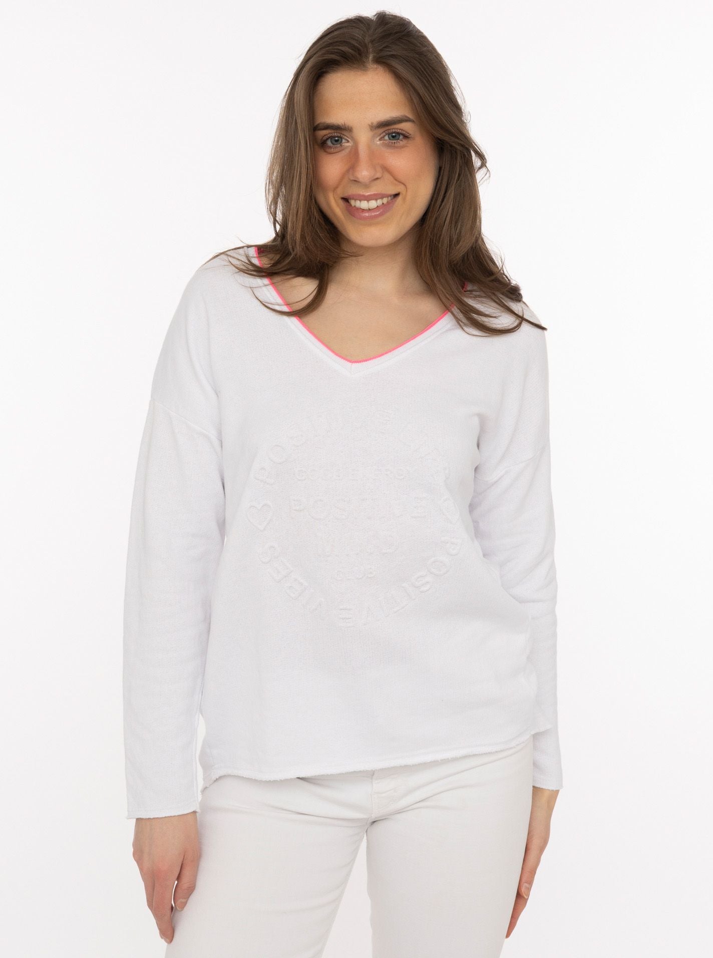 💕 Zwillingsherz Pullover Sweater Neonkante "Positive Mind" Baumwolle Weiß