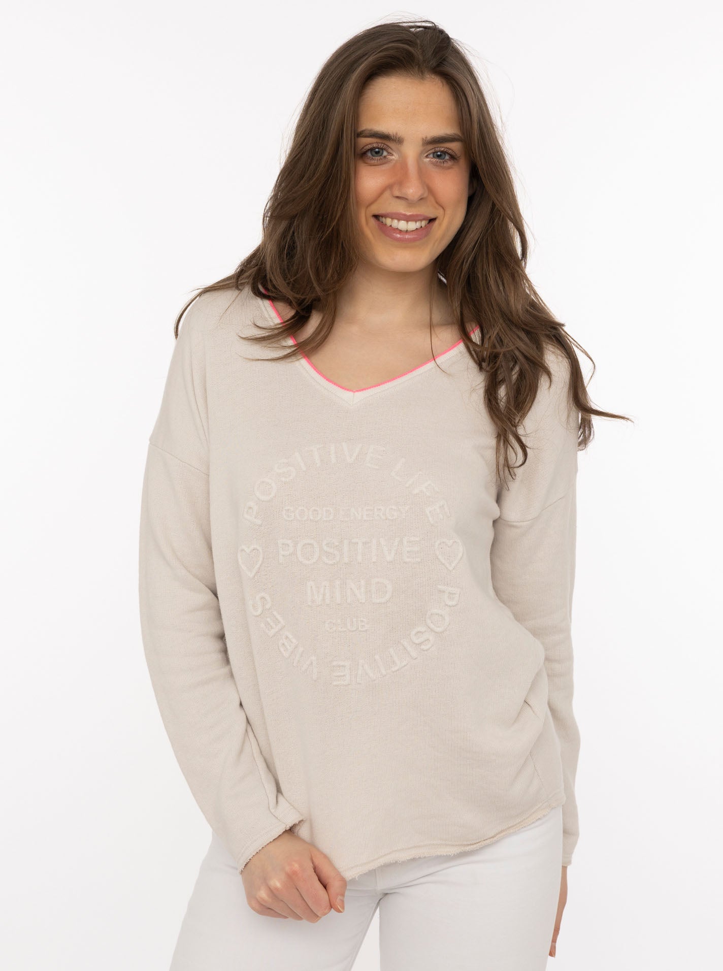 💕 Zwillingsherz Pullover Sweater Neonkante "Positive Mind" Baumwolle Beige