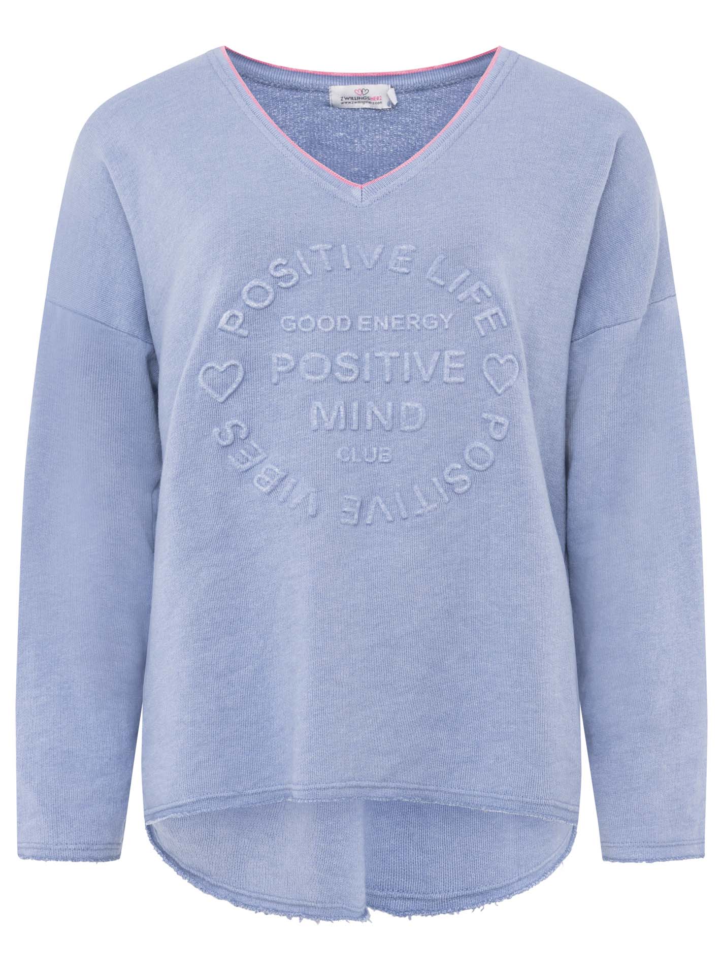 💕 Zwillingsherz Pullover Sweater Neonkante "Positive Mind" Baumwolle Jeansblau