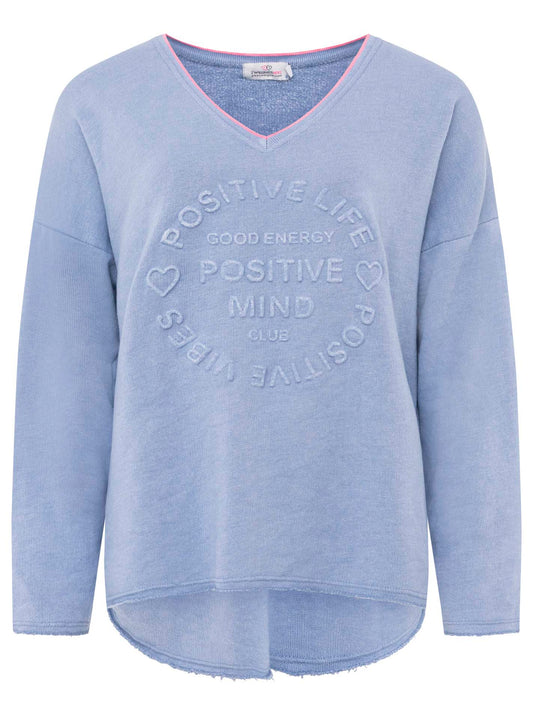 💕 Zwillingsherz Pullover Sweater Neonkante "Positive Mind" Baumwolle Jeansblau