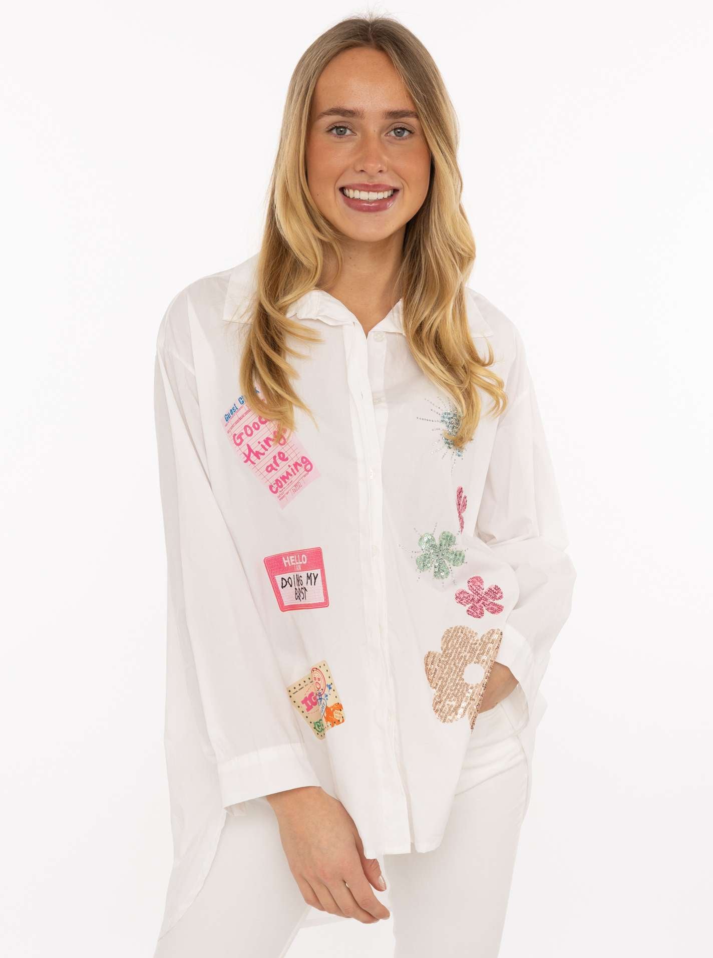 💕 Zwillingsherz Bluse BW "Good Things Are Coming" Longbluse Tunika 100 % Viskose Weiß