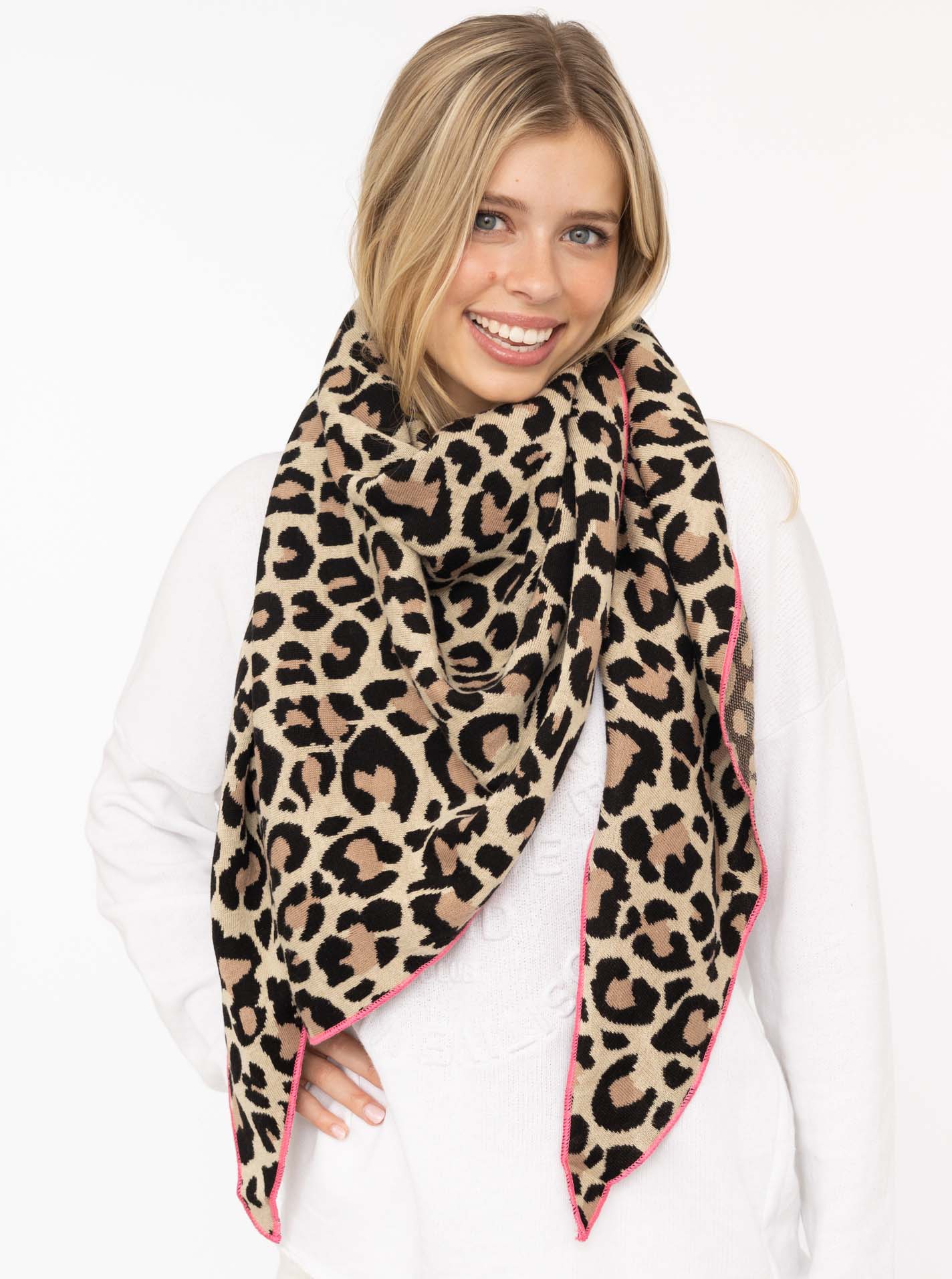 💕 Zwillingsherz Dreieckstuch "Kristine" Baumwolle Leo Beige mit Pink Rand
