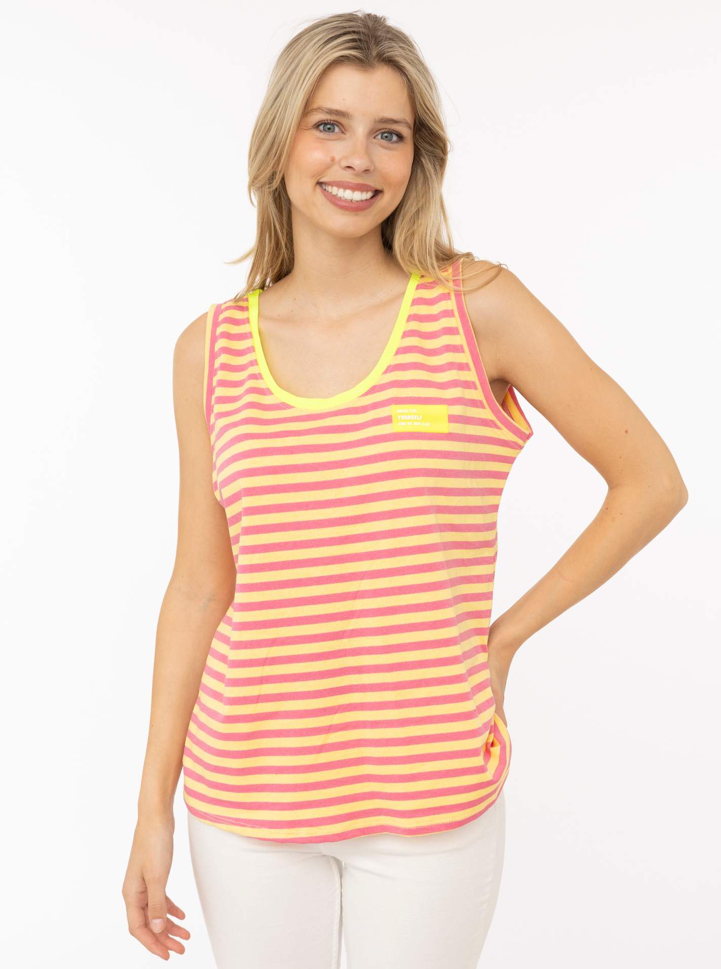 💕 Zwillingsherz Oversize Sweat Tank Top "Neon Stripes & Patch" Gelb-Pink