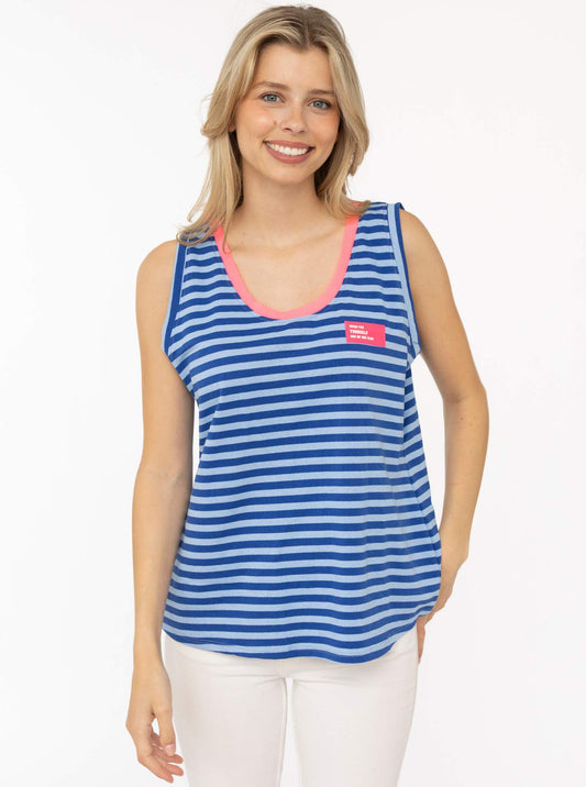 💕 Zwillingsherz Oversize Sweat Tank Top "Neon Stripes & Patch" Blau-Hellblau
