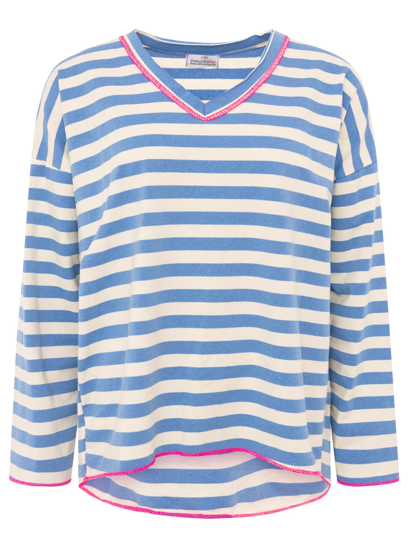 💕 Zwillingsherz Sweatshirt "Neon Streifen" V-Neck Sweater Oversize Jeansblau