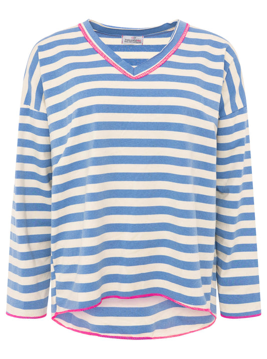💕 Zwillingsherz Sweatshirt "Neon Streifen" V-Neck Sweater Oversize Jeansblau