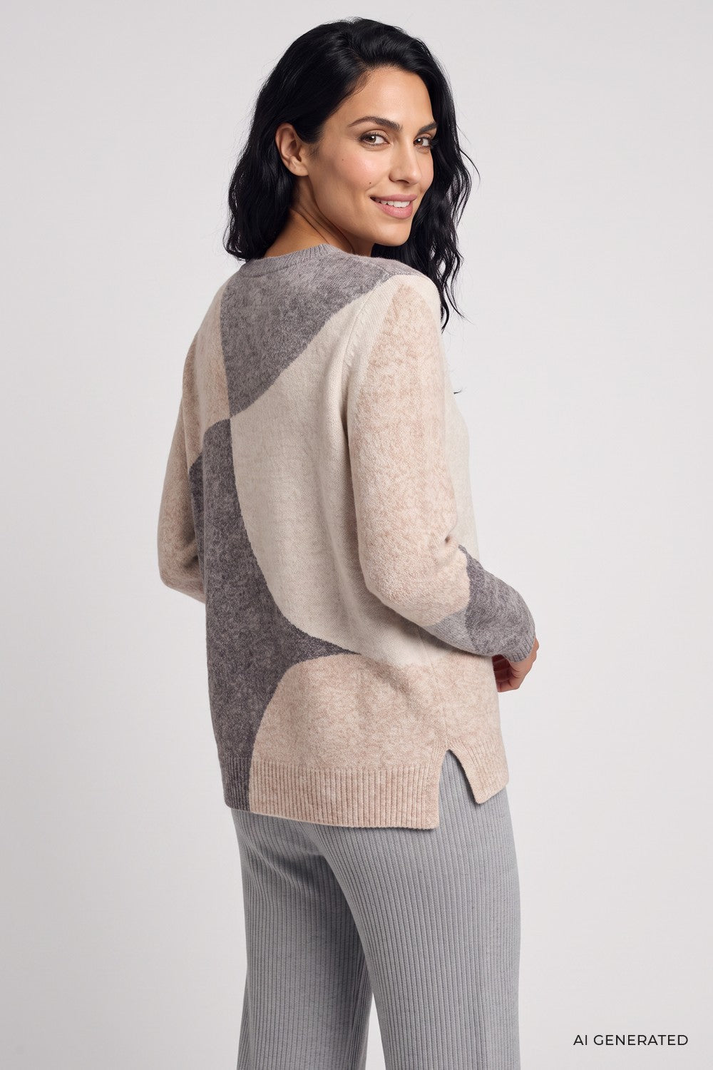 Olsen Pullover mit Panneaux-Dessin und Rundhalsausschnitt 11004920 Almond Melange Beige