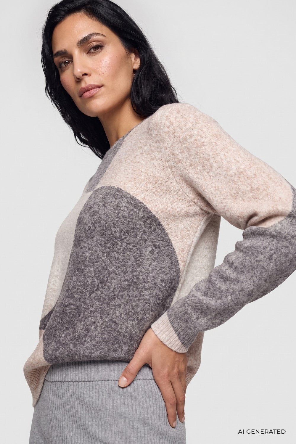 Olsen Pullover mit Panneaux-Dessin und Rundhalsausschnitt 11004920 Almond Melange Beige
