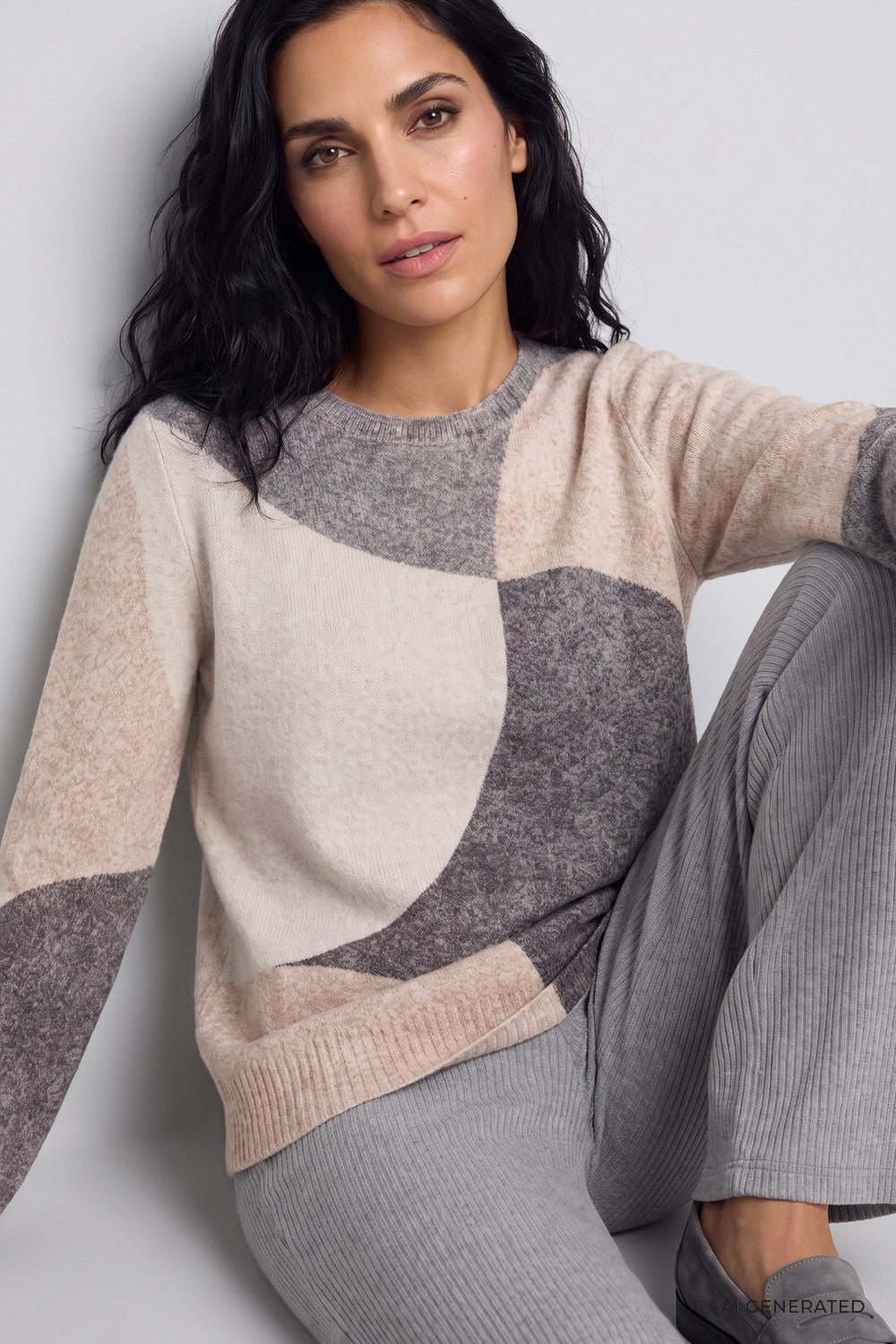 Olsen Pullover mit Panneaux-Dessin und Rundhalsausschnitt 11004920 Almond Melange Beige