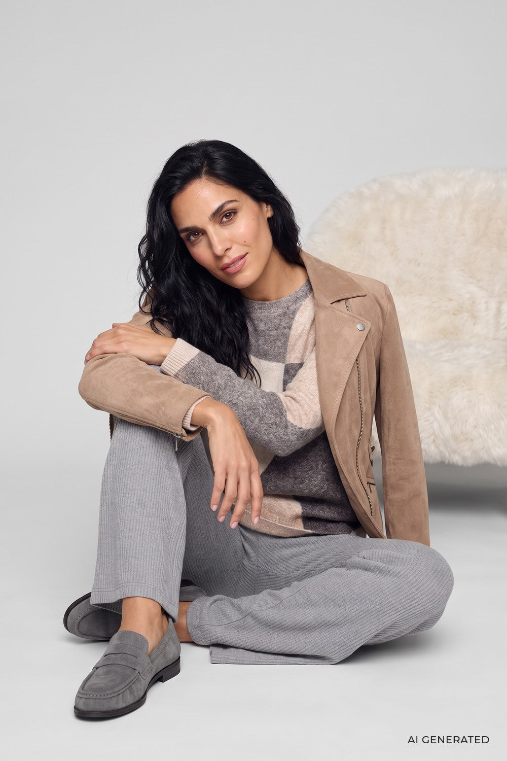 Olsen Pullover mit Panneaux-Dessin und Rundhalsausschnitt 11004920 Almond Melange Beige