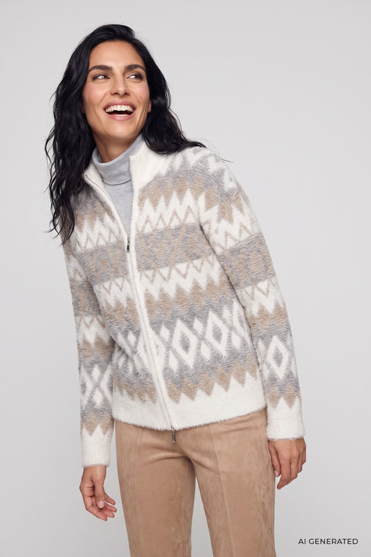 Olsen Strickjacke mit Panneaux Dessin und Stehkragen 11004934 Pearl Grey Melange
