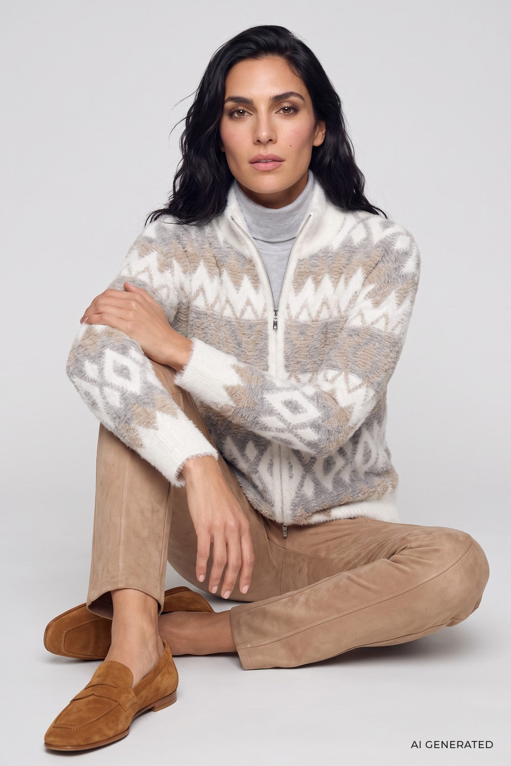 Olsen Strickjacke mit Panneaux Dessin und Stehkragen 11004934 Pearl Grey Melange