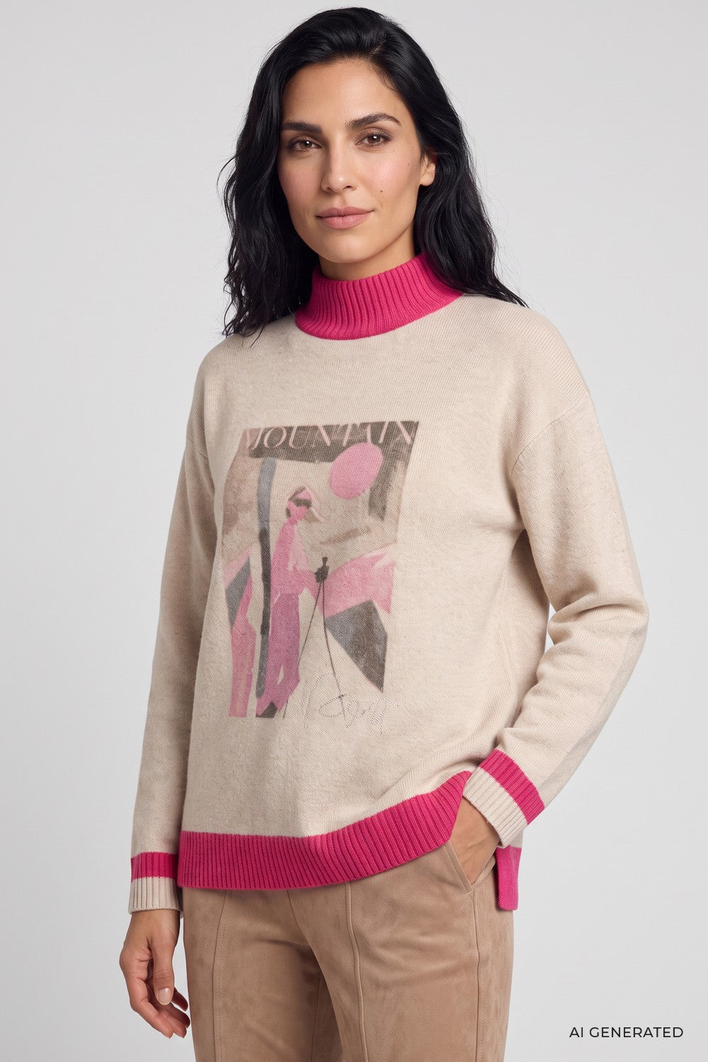 Olsen Pullover mit Placement Print und Stehkragen 11004971 Almont Beige Melange