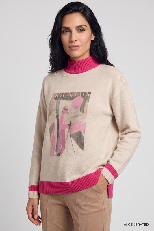 Olsen Pullover mit Placement Print und Stehkragen 11004971 Almont Beige Melange