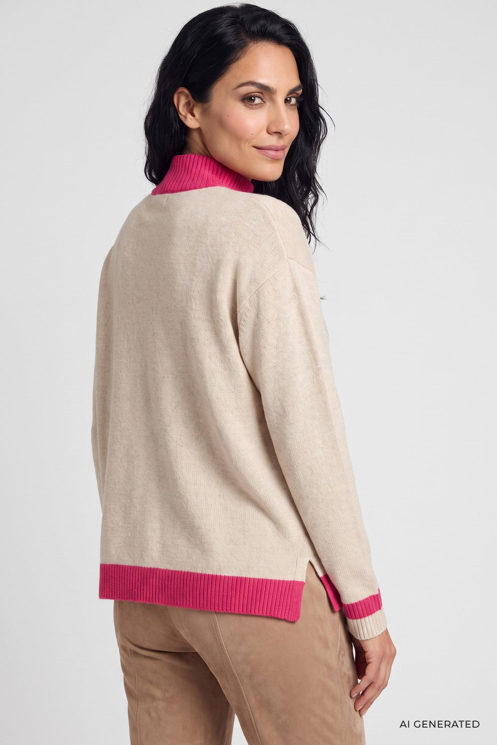 Olsen Pullover mit Placement Print und Stehkragen 11004971 Almont Beige Melange