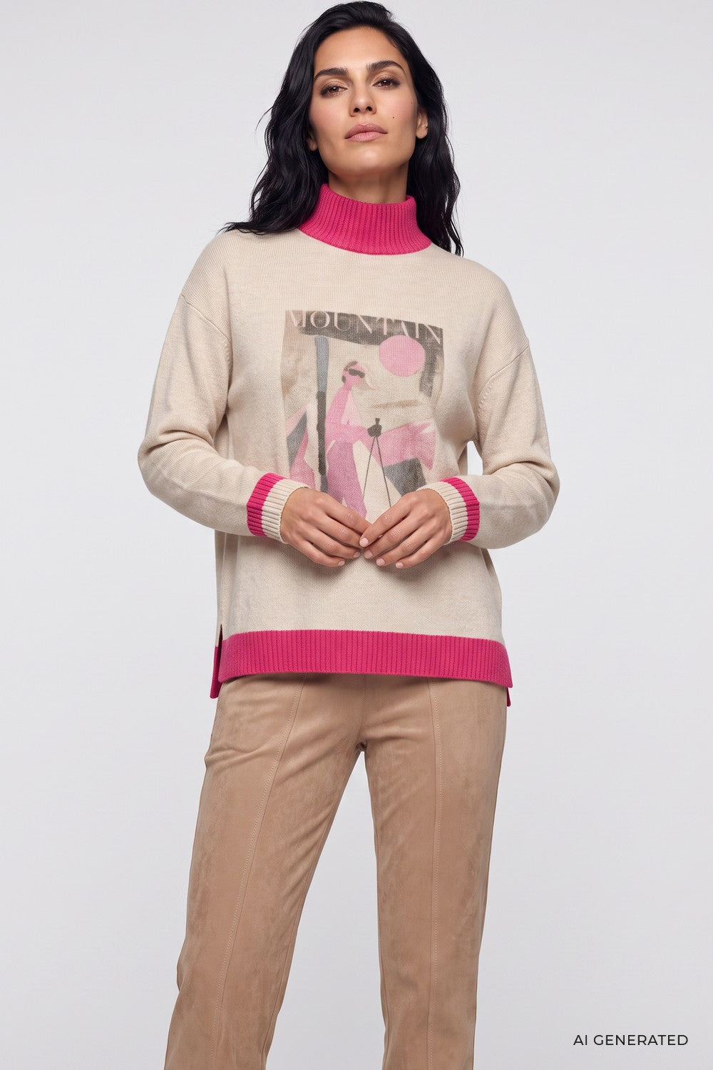 Olsen Pullover mit Placement Print und Stehkragen 11004971 Almont Beige Melange