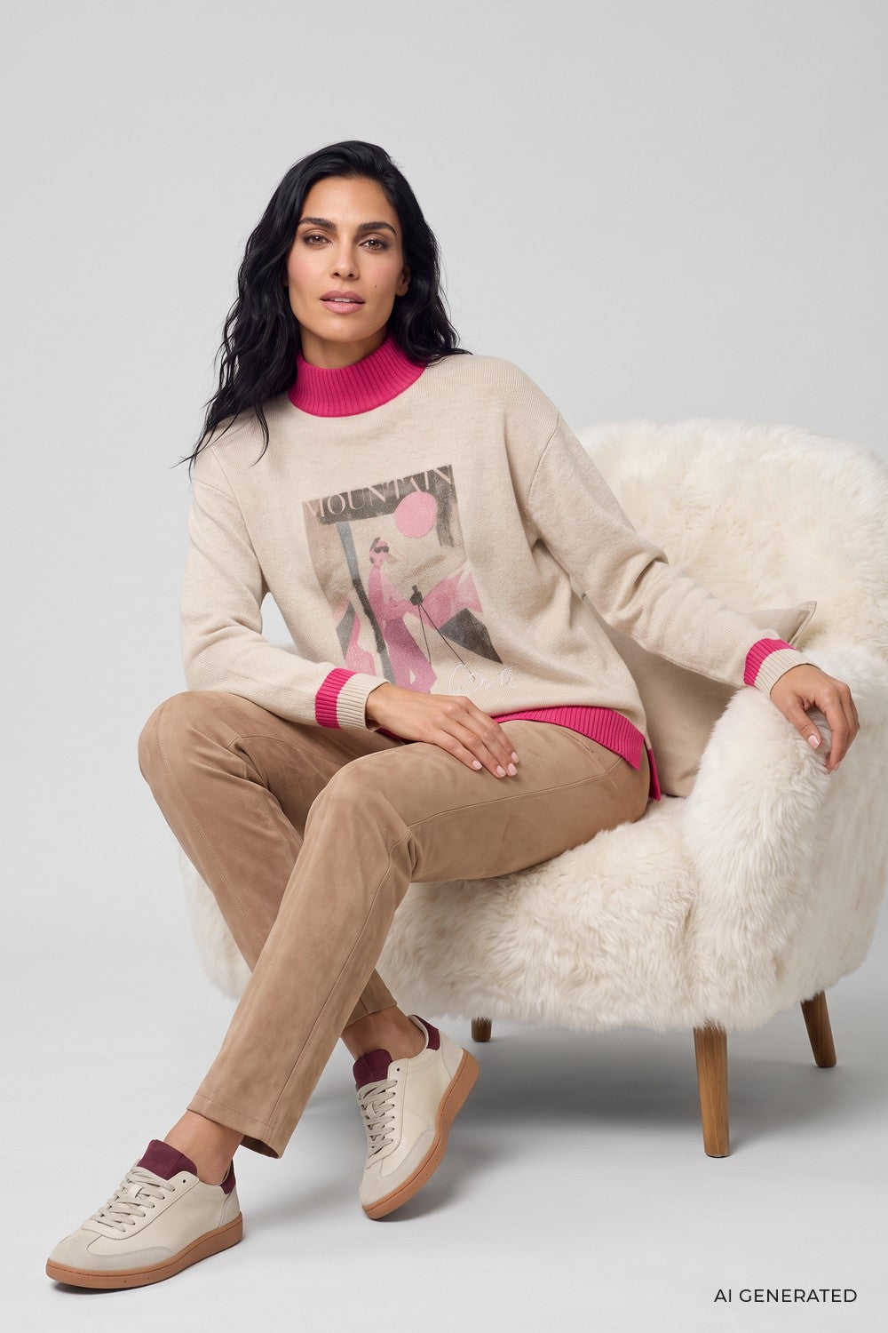 Olsen Pullover mit Placement Print und Stehkragen 11004971 Almont Beige Melange