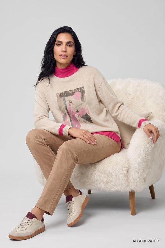 Olsen Pullover mit Placement Print und Stehkragen 11004971 Almont Beige Melange