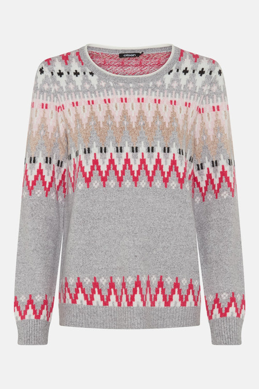 Olsen Pullover mit Panneaux Dessin und Rundhalsauschnitt 11004969 Pearl Grey Melange