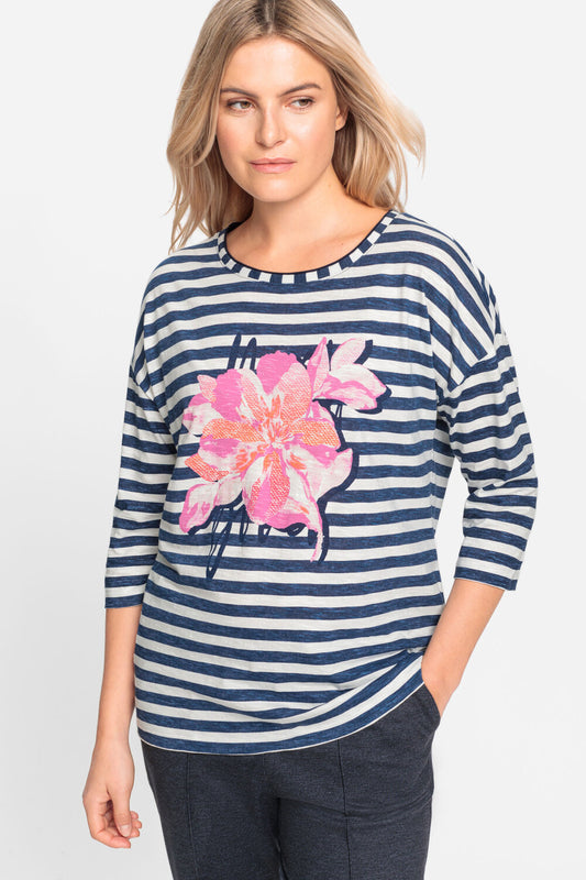 Olsen Shirt mit Streifen und Blütenprint Cosima Ink Blue 11105053