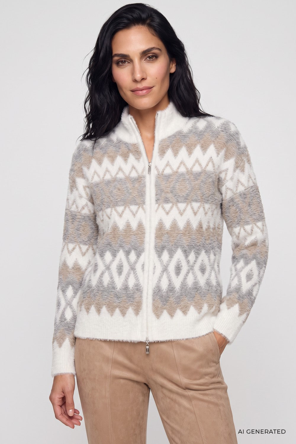 Olsen Strickjacke mit Panneaux Dessin und Stehkragen 11004934 Pearl Grey Melange