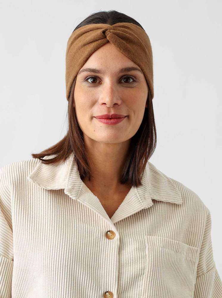 💕 Zwillingsherz Stirnband 100 % Cashmere "Knoten" Cognac