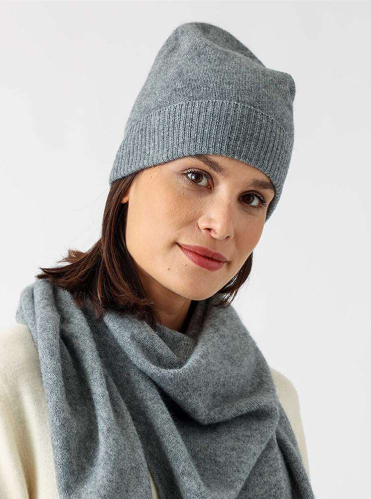 💕 Zwillingsherz Mütze Edge Beanie 100 % Cashmere "Madame" Grau