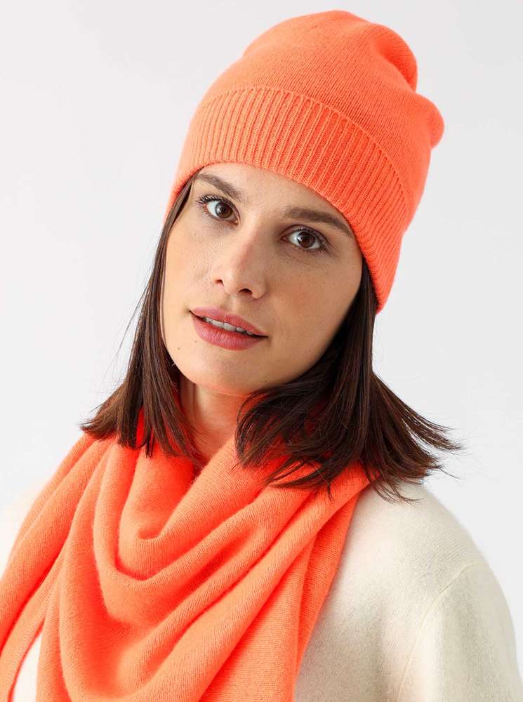 💕 Zwillingsherz Mütze "Ribbon Edge Beanie" 100 % Kaschmir Neonorange