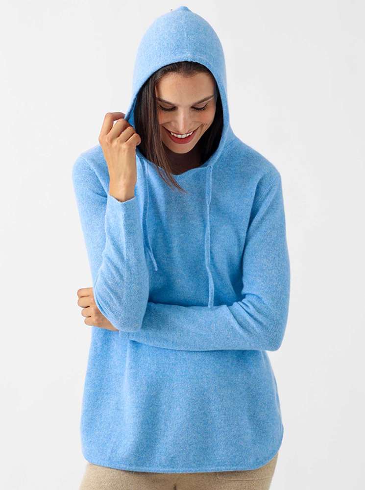 💕 Zwillingsherz Pullover Pulli Hoodie 100 % Kaschmir Kapuze Hellblau