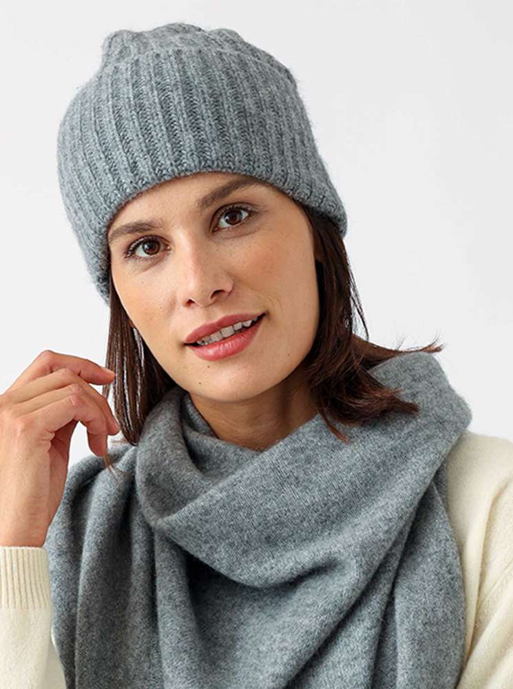 Zwillingsherz Mütze Ribbon Beanie "Luxus" 100 % Kaschmir Gerippt Grau
