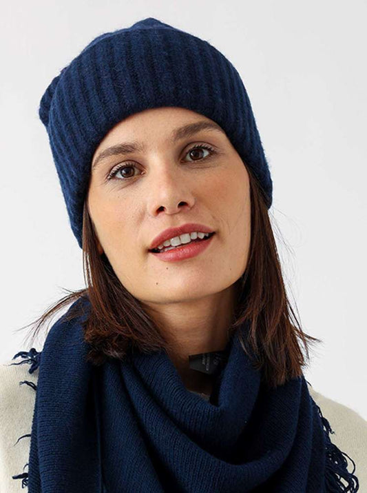 💕 Zwillingsherz Mütze Ribbon Beanie "Luxus" 100 % Kaschmir Gerippt Navy