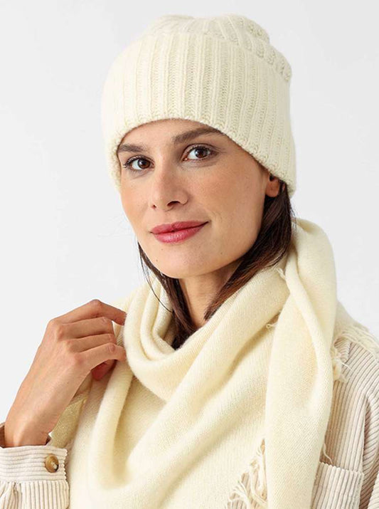 💕 Zwillingsherz Mütze Ribbon Beanie "Luxus" 100 % Kaschmir Gerippt Weiß