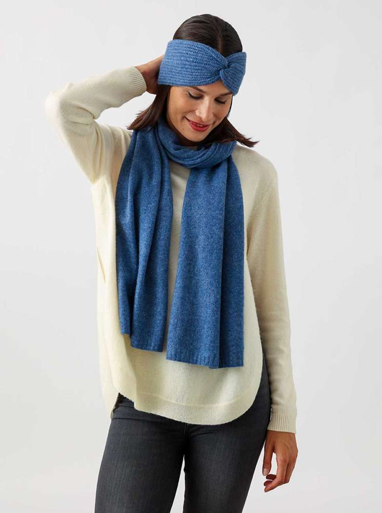 💕 Zwillingsherz Stirnband 100 % Cashmere "Rippen" Jeansblau