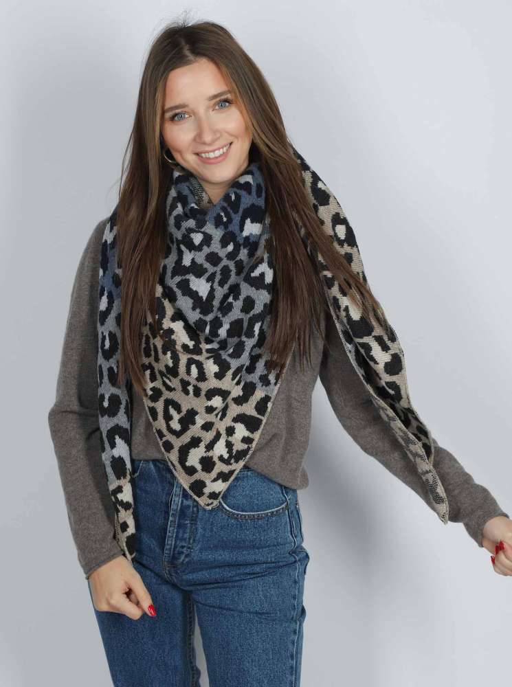 Zwillingsherz Dreieckstuch "Crazy Lacey" Wolle Kaschmir Blau Grau Beige